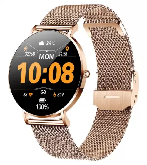 Zlatni ženski pametni sat sa okruglim AMOLED ekranom i metalnom narukvicom, prikazan na beloj pozadini.