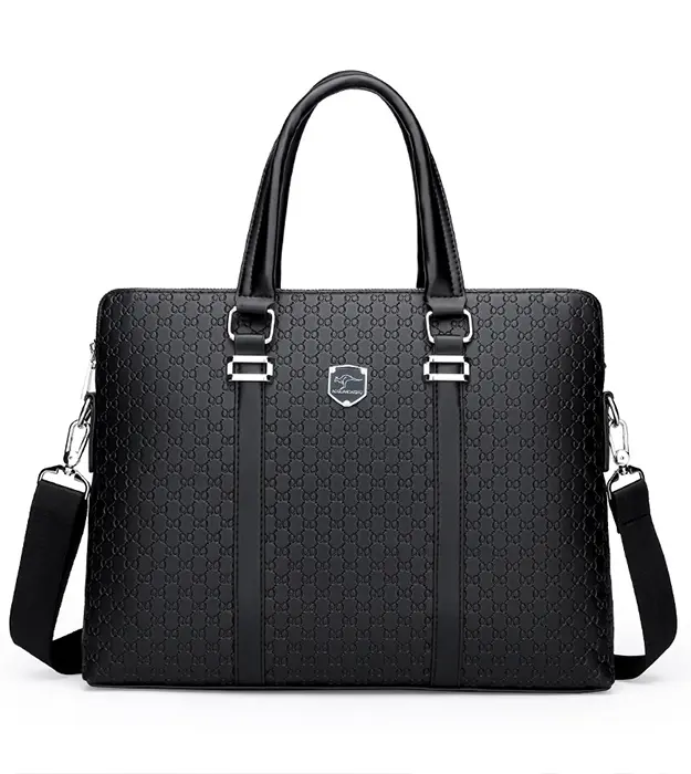 Poslovna muška torba Lavuro od crne PU kože sa reljefnim uzorkom i metalnim detaljima
