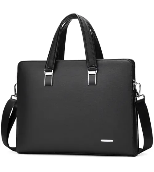 Poslovna muška torba Lorenze od crne PU kože sa metalnim ručkama i kaišem