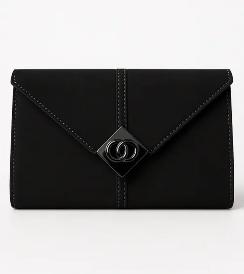 Elegantna crna ženska večernja torba sa metalnim detaljem i geometrijskom kopčom