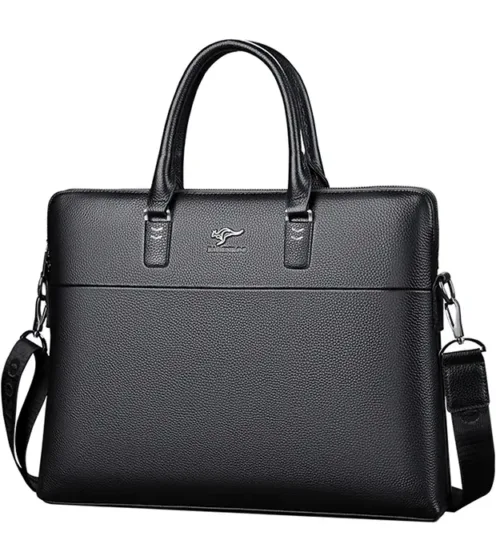 Crna muška poslovna torba Vellano od prave kože sa metalnim detaljima i ručkama