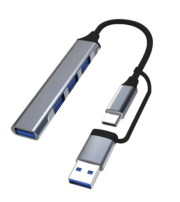 USB hub sa 4 USB 3.0 porta u metalnom kućištu sa USB-C i USB-A kablom, premium slim dizajn