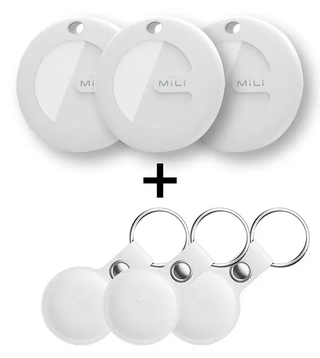 Tri MiTag Duo Bluetooth trackera u crnim kožnim futrolama sa metalnim prstenovima za ključeve