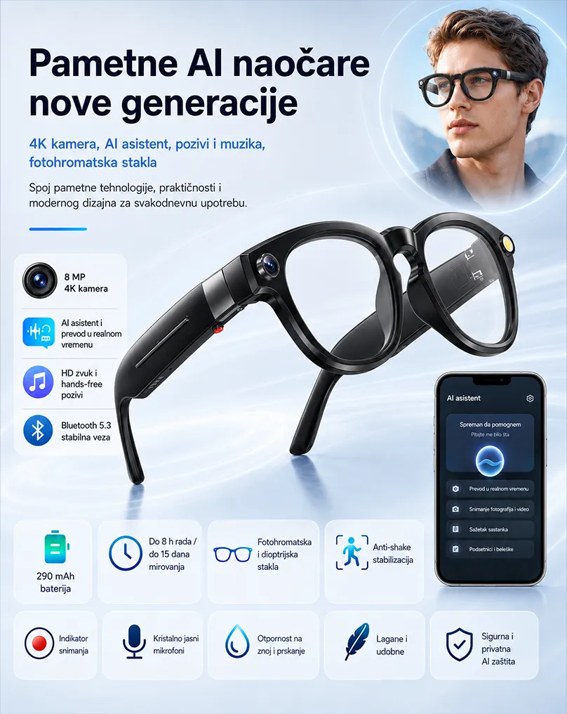 AI pametne naočare nove generacije sa kamerom, prevodom, Bluetooth povezivanjem, dodirnom kontrolom i mobilnom aplikacijom