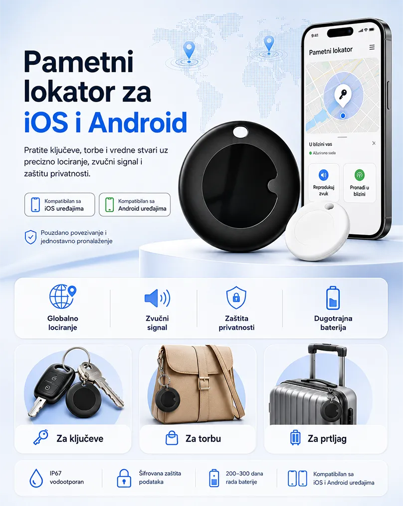 Bluetooth GPS tracker za iOS i Android sa praćenjem lokacije preko aplikacije, zvučnim alarmom i pronalaženjem stvari