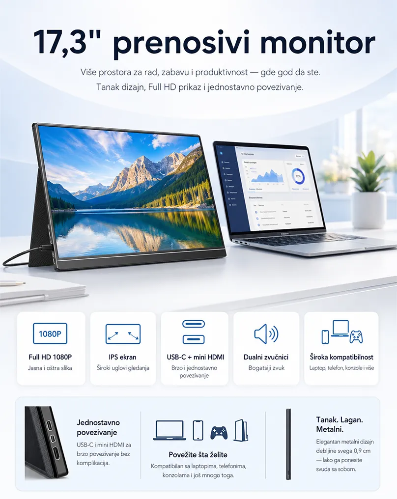 17,3-inčni prenosivi eksterni monitor za laptop sa Full HD ekranom, USB-C i HDMI povezivanjem