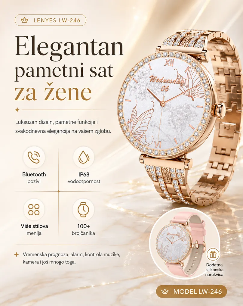 Elegantan ženski pametni sat sa zlatnim dizajnom, praćenjem zdravlja, sportskim funkcijama i Bluetooth povezivanjem