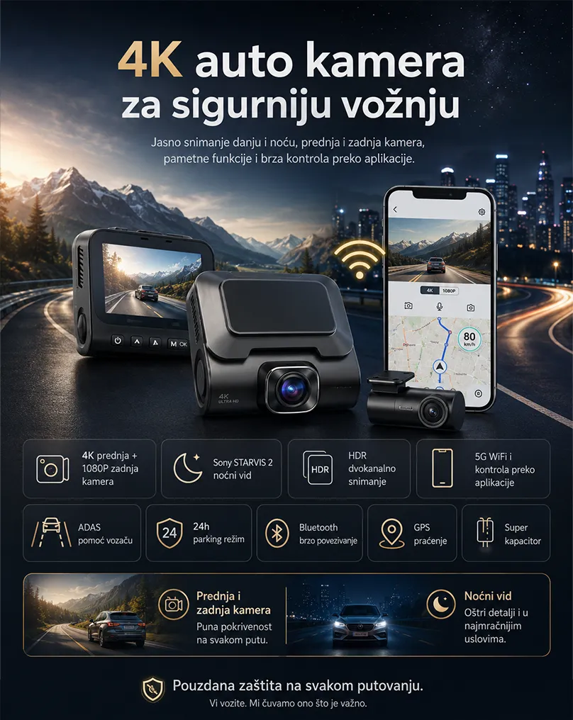 Hero baner za 4K dual auto kameru sa prednjom i zadnjom kamerom, GPS-om, 5G WiFi povezivanjem, HDR snimanjem i ADAS funkcijama