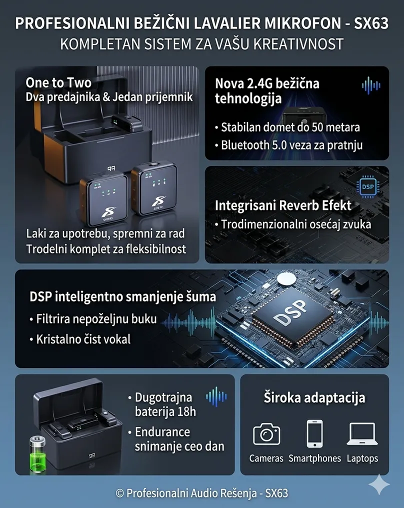 Bežični lavalier mikrofon sa dva predajnika, prijemnikom sa ekranom, redukcijom šuma i kutijom za punjenje