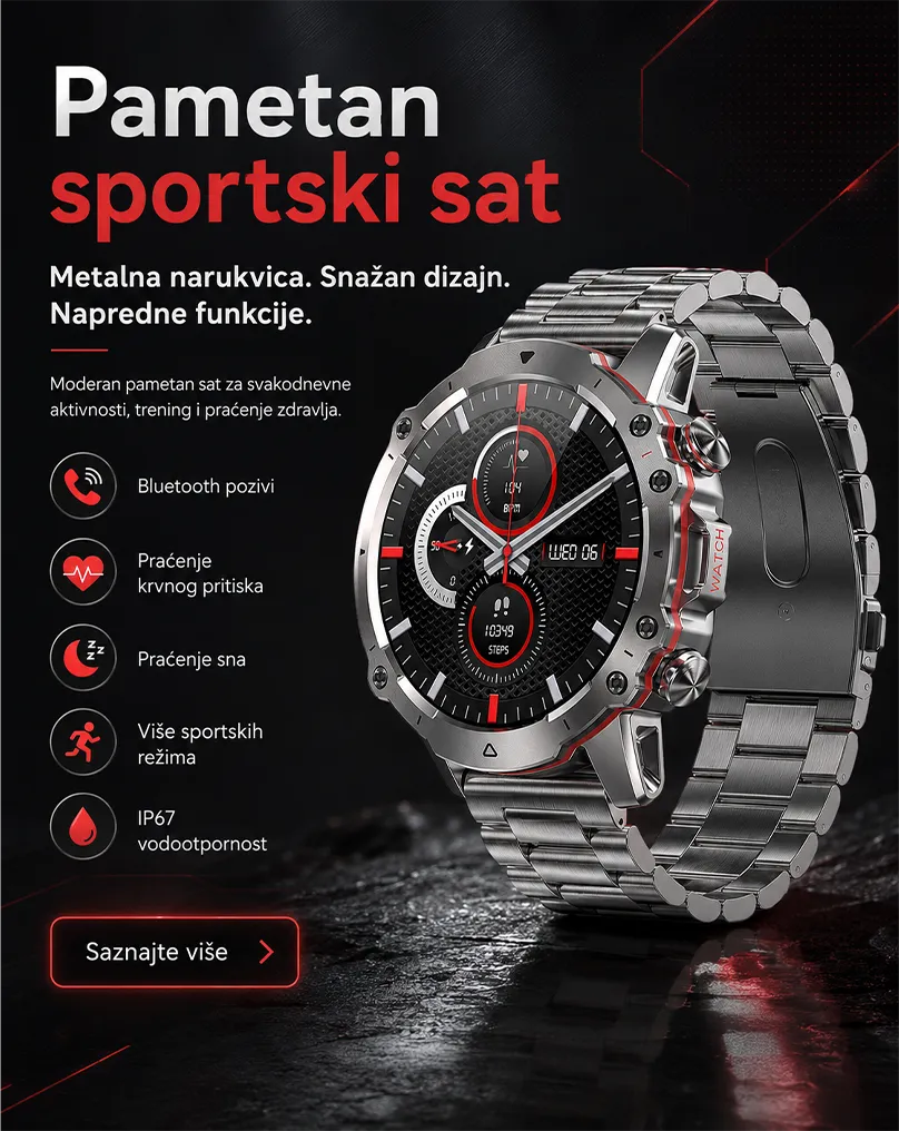 Muški pametni sportski sat sa metalnom narukvicom, praćenjem zdravlja, sportskim režimima i Bluetooth pozivima