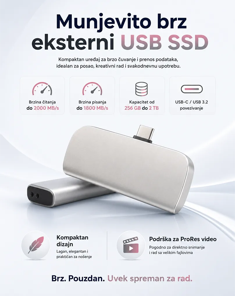 Eksterni USB SSD disk za brzo čuvanje i prenos podataka, kompatibilan sa telefonom, računarom i tabletom