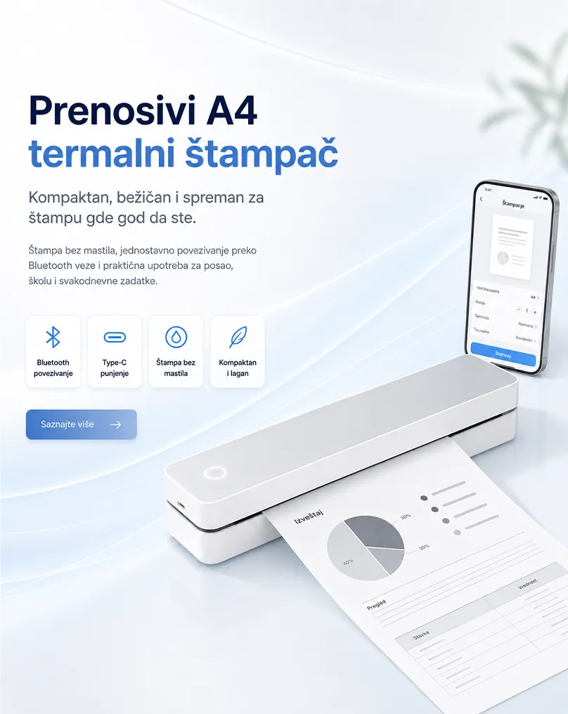 Prenosivi A4 termalni štampač za štampanje dokumenata bez mastila i tonera, sa Bluetooth povezivanjem i mobilnom aplikacijom