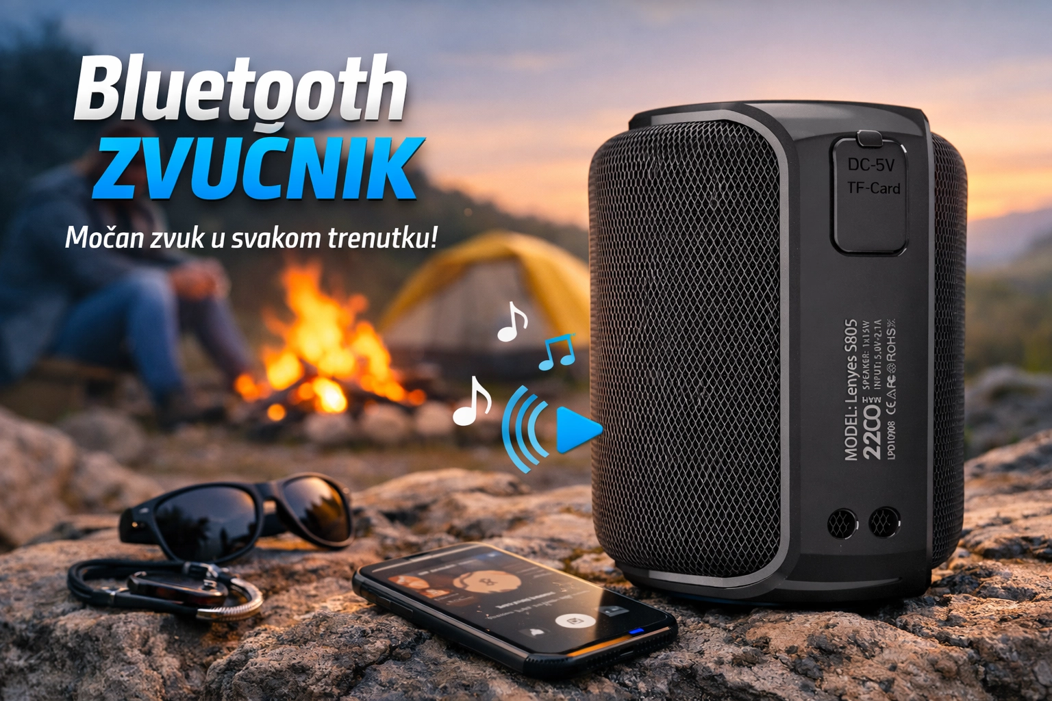 Prenosivi Bluetooth zvučnik Lenyes S805 na otvorenom, pored logorske vatre