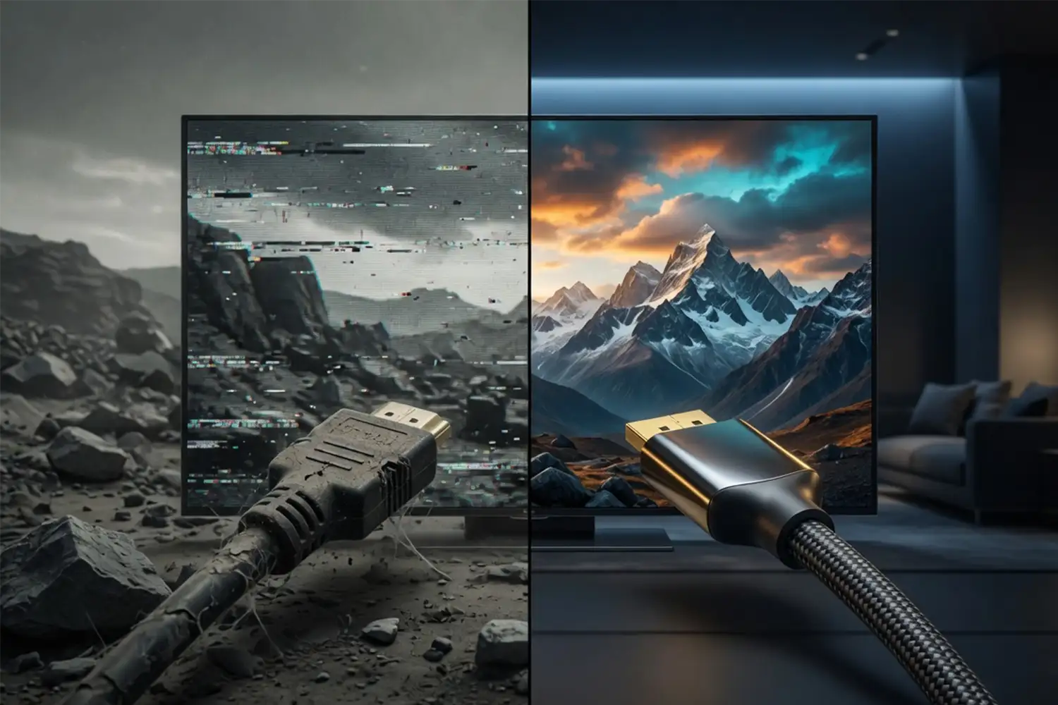 Poređenje starog i novog HDMI kabla – levo zamagljena slika sa starim kablom, desno oštra 4K/8K slika sa Ultra High Speed HDMI 2.1 kablom sa pozlaćenim konektorima