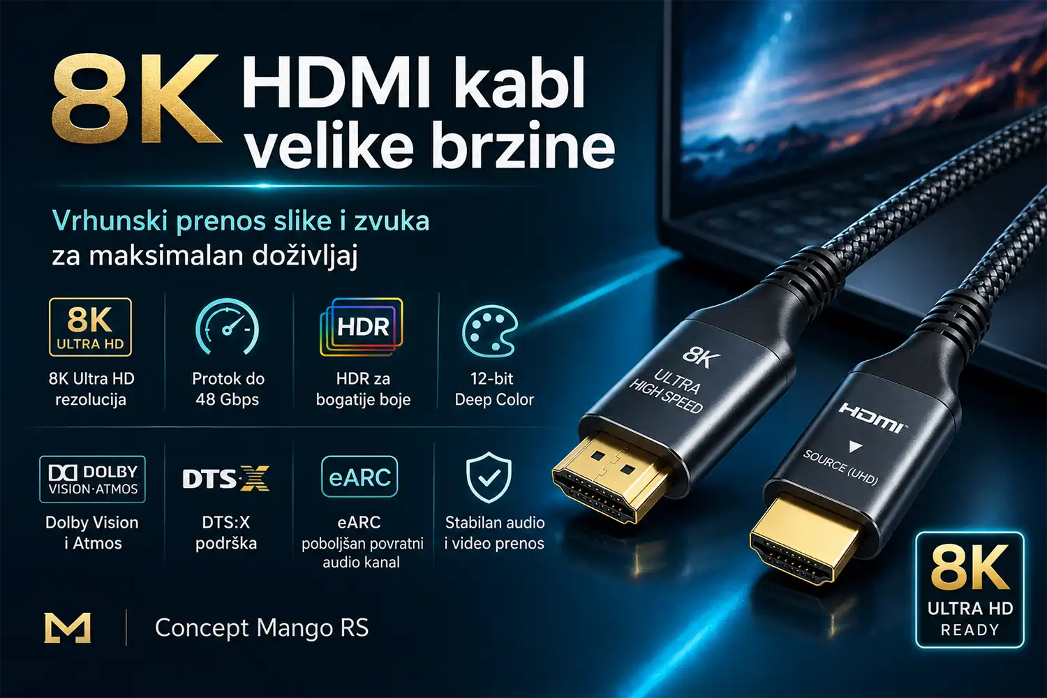8K HDMI 2.1 kabl velike brzine sa pozlaćenim konektorima - Concept Mango